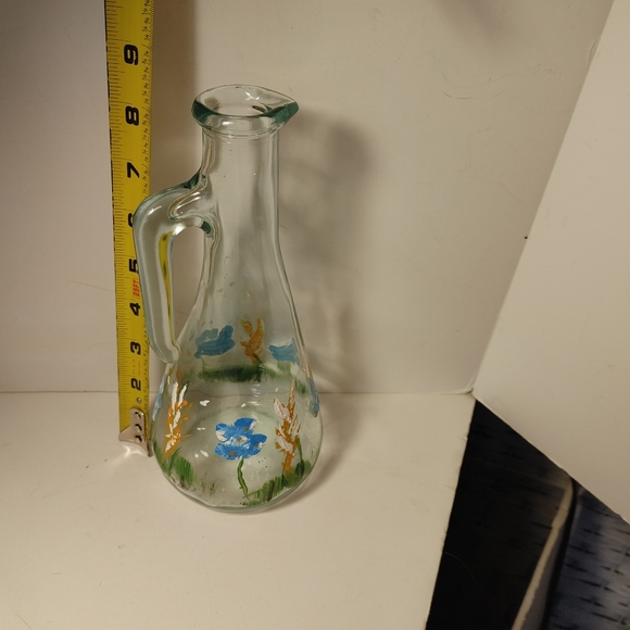 2 Green tinted Glass Hand Painted Vase or Cruet Italy - Picture 6 of 8